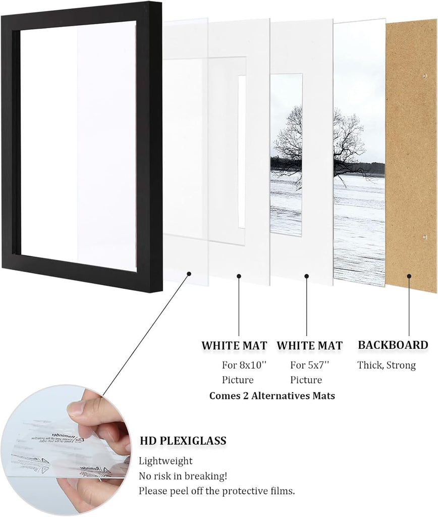 11x14 Picture Frames Set of 4, Made of Solid Wood Covered by Plexiglass 5x7 and 8x10 with Mat or 11x14 without Mat