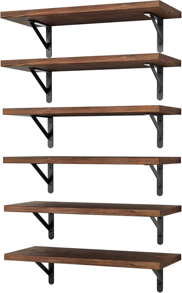 16.5in Floating Shelves for Wall, Dark Carbonized Pine Set of 6 | Rustic wood shelves with metal brackets.