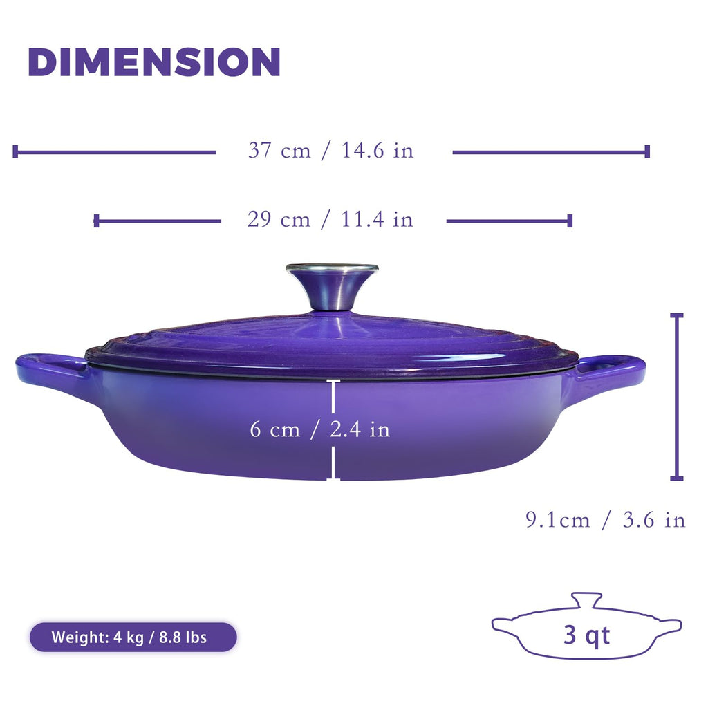 Braiser Enameled Cast Iron Braiser 3 QT, Cast Iron Braiser Pan with Lid for Bread Baking, Soup & One Pot Meals, Small