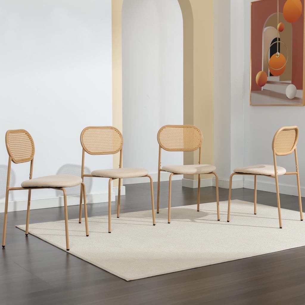 Boho Dining Chairs Set of 4 with Rattan Back, Upholstered Cane Seats, Metal Legs - Perfect for Dinner, Living Room