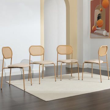 Boho Dining Chairs Set of 4 with Rattan Back, Upholstered Cane Seats, Metal Legs - Perfect for Dinner, Living Room