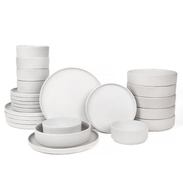 24-Piece Dinnerware Set for 6 with bowl, Ribbed Stoneware Plates and Bowls Sets, Unique Handcrafted Reactive Glaze