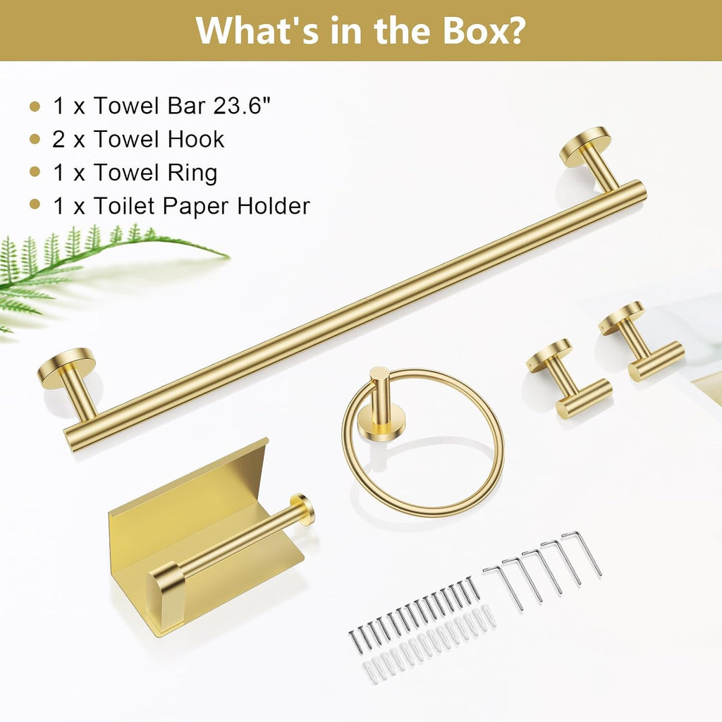 5 Piece Bathroom Hardware Set, Brushed Gold Bathroom Accessories | SUS304 Stainless Steel, 23.6" Brushed Gold Toilet