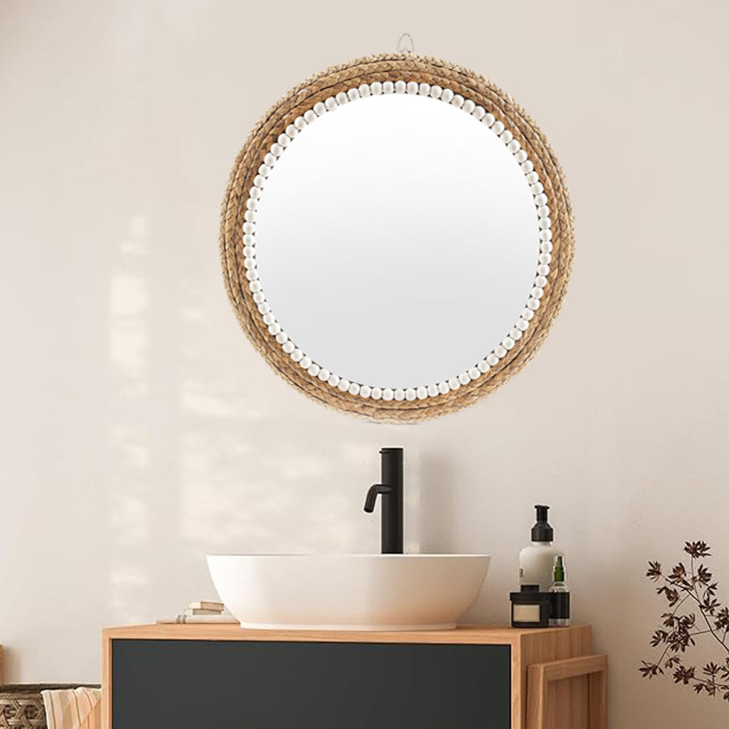 22 Inch Boho Style Decorative Mirror, Round Rattan Wall Hanging Mirror, Nature Rattan Woven Round Mirror, Makeup