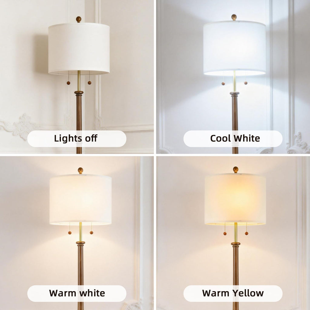 Farmhouse Floor Lamp, Solid Wood Standing Lamp, Linen Shade, Brown
