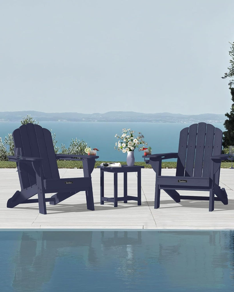 Folding Adirondack Chair 3-Piece Set with Wood Grain, HDPE Adirondack Chair with Side Table & Cup Holders, 380lb