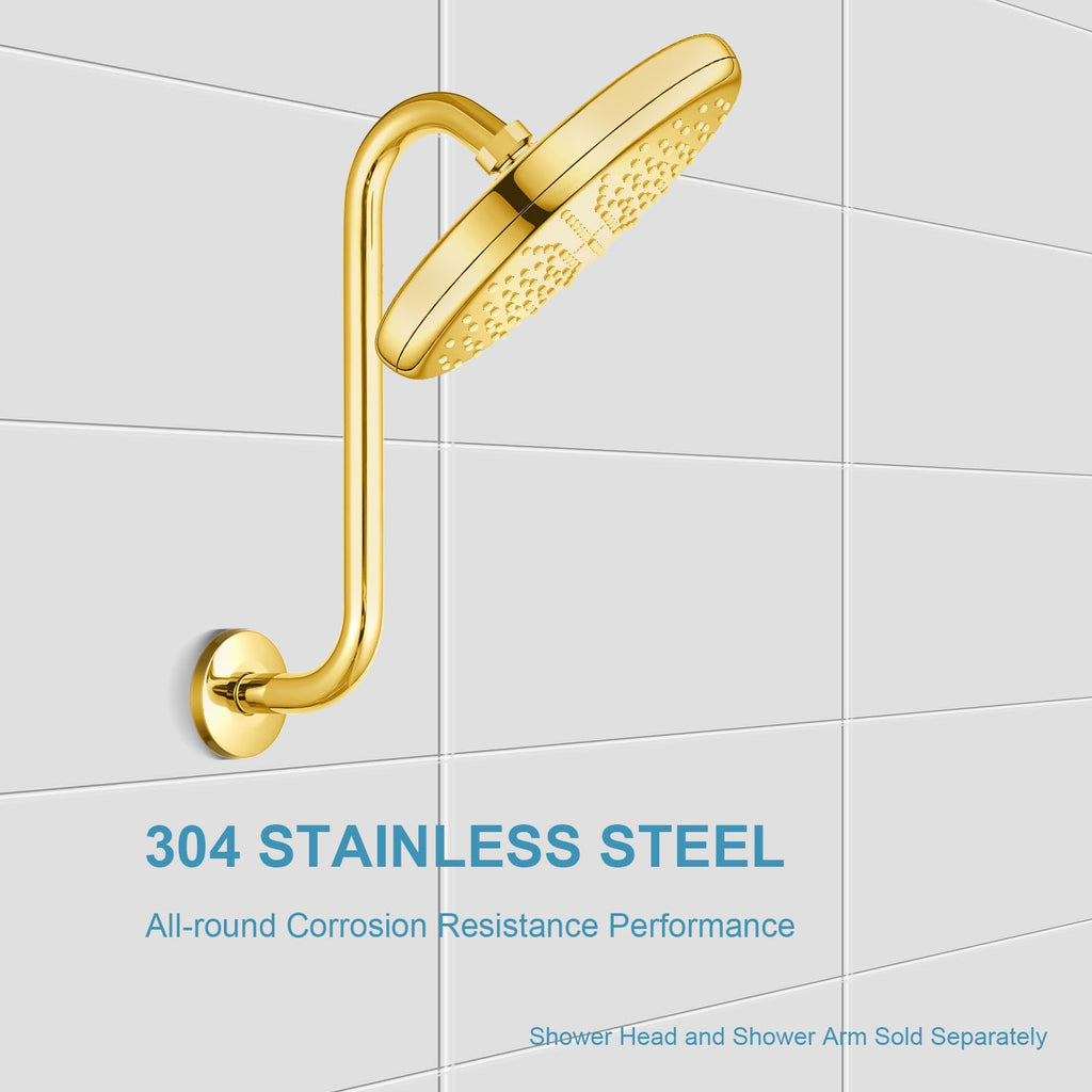 Shower Head Extension Arm 12 in, Bright Gold S Shaped Shower Arm with Flange High Rise Goose Neck Shower Arm Extension