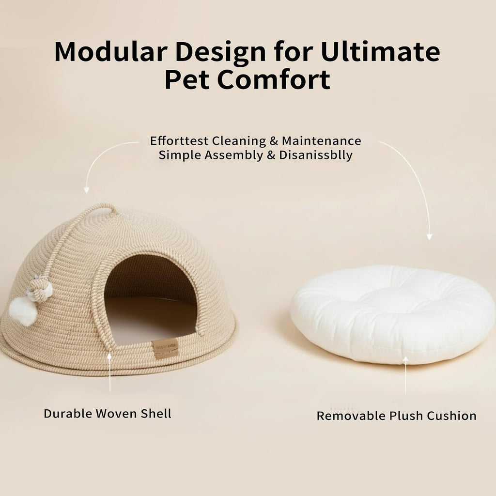 Cat Cave Bed with Washable Cushion and Ball, Handwoven Cotton Rope Cat Basket Bed for Indoor Cats Bed Covered, 3-in-1