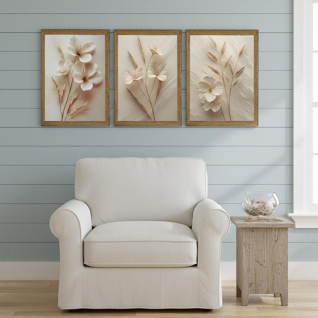 Neutral Beige Floral Canvas Wall Art Set of 3 Beige Botanical Paintings Pictures Minimalist Flower Prints Artwork