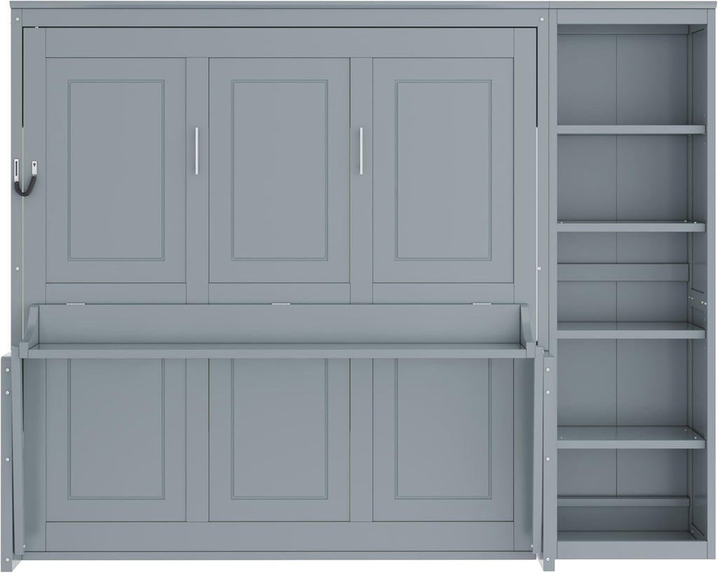 Queen Murphy Bed with Desk, Space Saving Wall Bed Queen with Bookshelf, Storage Shelves, Wood Slats, No Box Spring