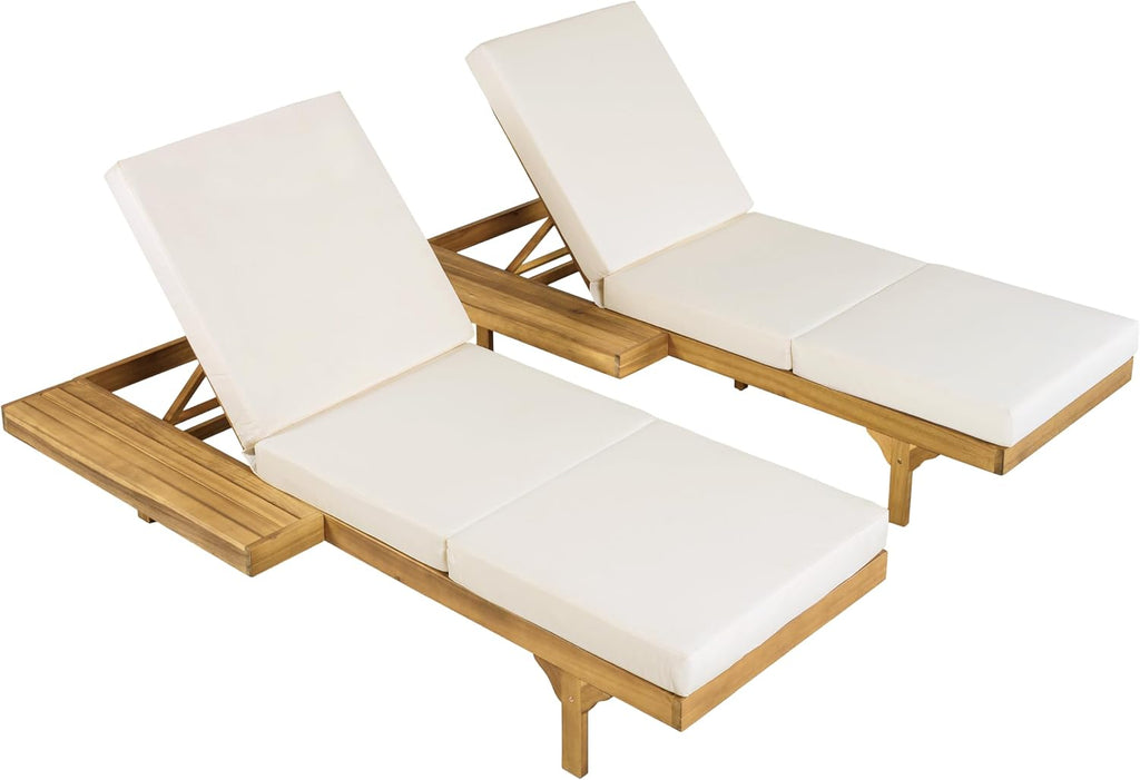 2-Person Outdoor Chaise Lounge Set with 3-Fold 4" Cushions, Acacia Wood Patio 5-Position Adjustable Reclining Sun