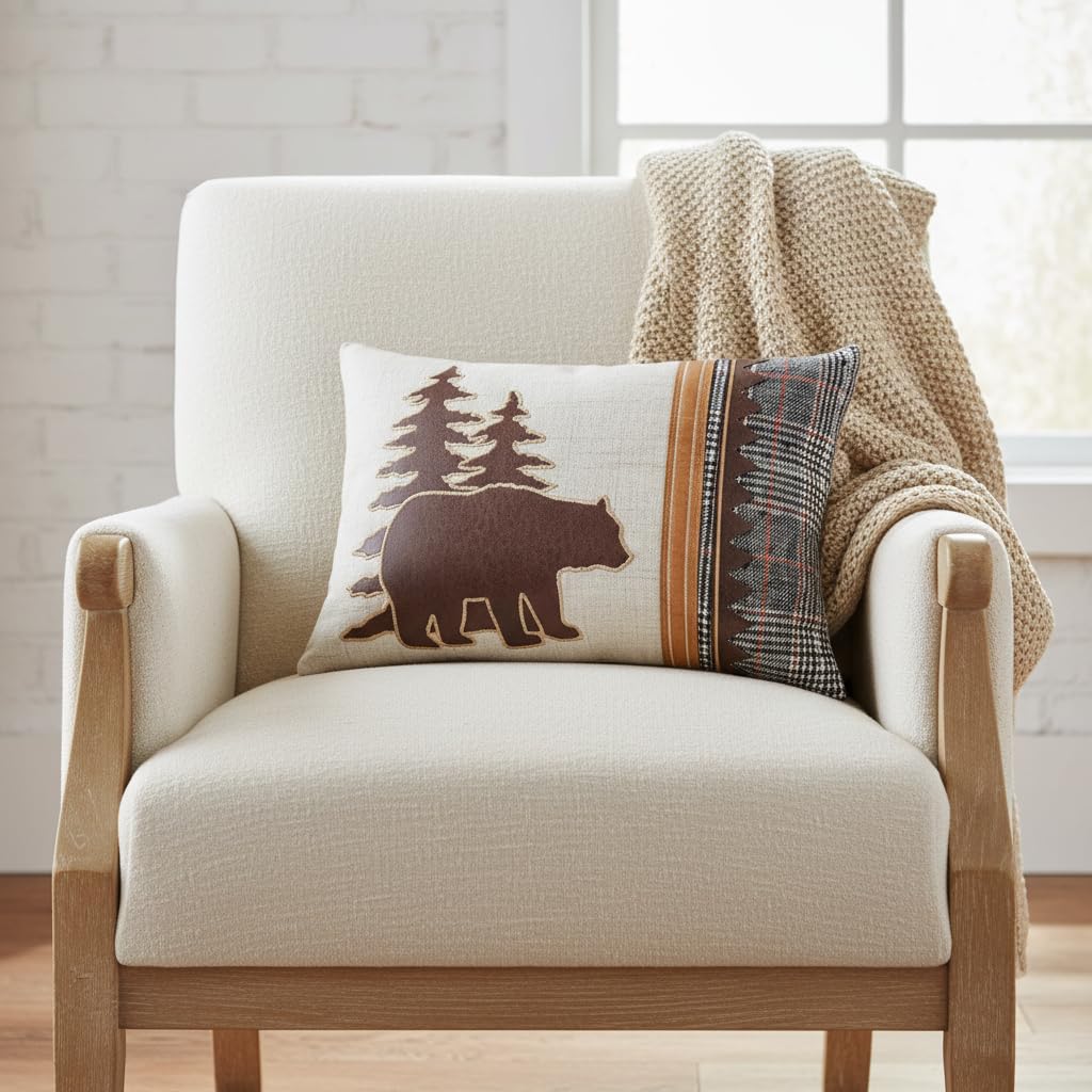 18 x 13 Inch Bear Pillow, Plaid Cabin Lumbar Throw Pillow