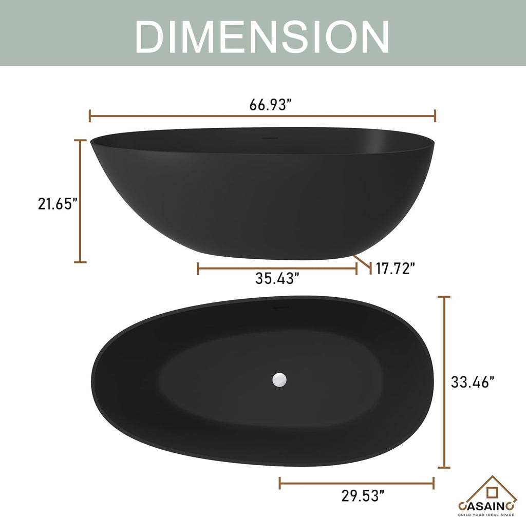 67" Freestanding Bathtub Egg-Shaped Stone Resin Freestanding Tub Solid Surface Matte Black Stand-Alone Tub with Drain
