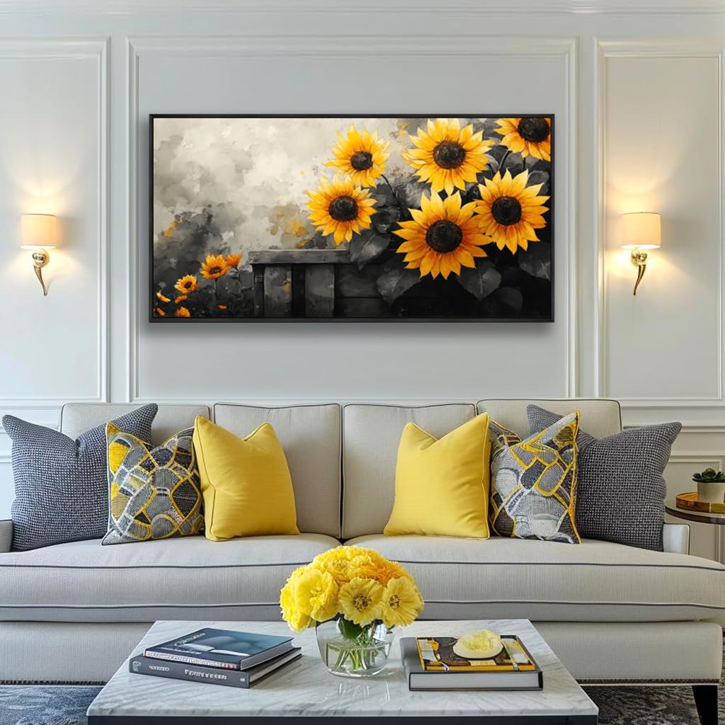 Sunflower Wall Art Canvas Painting, 20 x 40 inches, Black and Yellow Flower Canvas Prints Rustic Farmhouse Sunflower