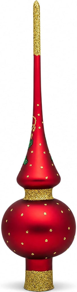 Santa and Mistletoe on Red Mouth Blown Glass Tree Topper 11 Inches