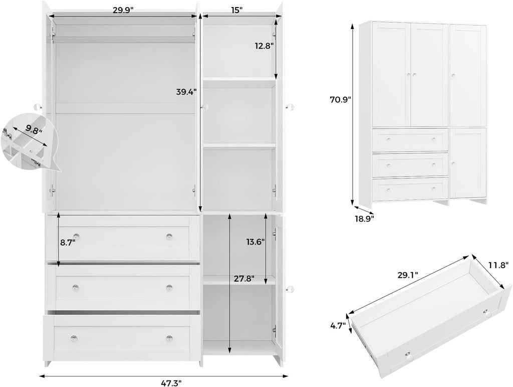71" Armoire Wardrobe Closet with 3 Drawers and Mirror | Clothing Storage Cabinet with Hanging Rod, 4 Doors Wooden