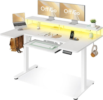 55 Inch U Shaped Electric Standing Desk with Keyboard Tray, White | 3 Outlets & 2 USB Ports, Dual-Monitor Stand, 10
