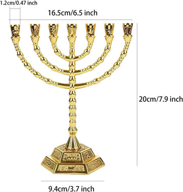 Jewish Candle Sticks 7 Branches - 12 Tribes of Holder for Hanukkah and Kwanzaa, Jerusalem Temple (8 Inches, Gold)