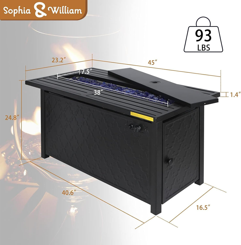 Propane Gas Fire Pit Table 45 Inch 50,000BTU Rectangular Outdoor Firepits for Outside Patio with Lid and Blue Fire