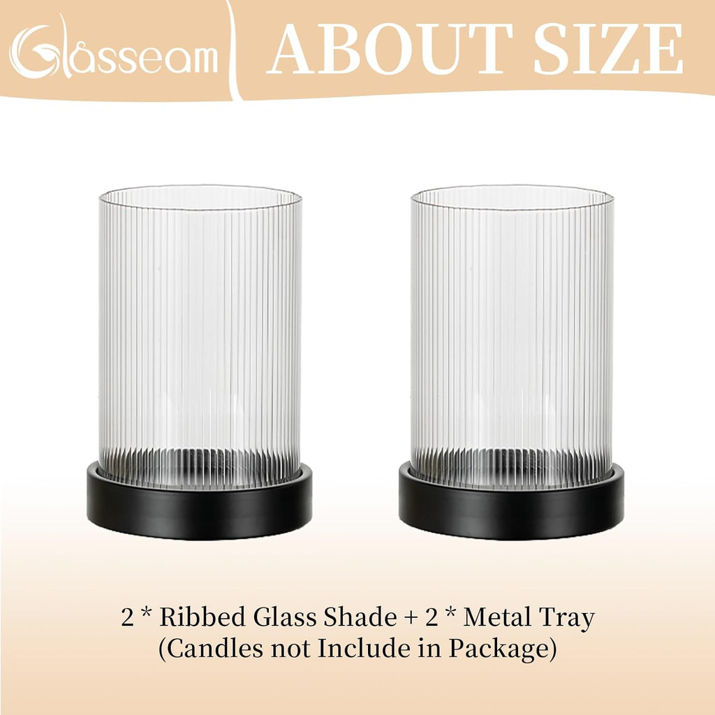 Hurricane Candle Holder 2Pcs Black Candle Tray with Glass Cylinder | 3.94''x5.71'' Ribbed Open-End Sleeve, Fit 4''