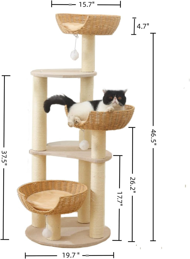 Modern Cat Tree Tower, Wooden Condo, 3 Large Rattan Wicker Basket Beds, Window Perch for Cats up to 20 lbs