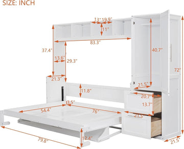 Full Horizontal Murphy Bed with Wardrobe Closet,2 Drawer,4 Storage Open Shelves,Wood Folding Murphy Wall Bed Cabinet