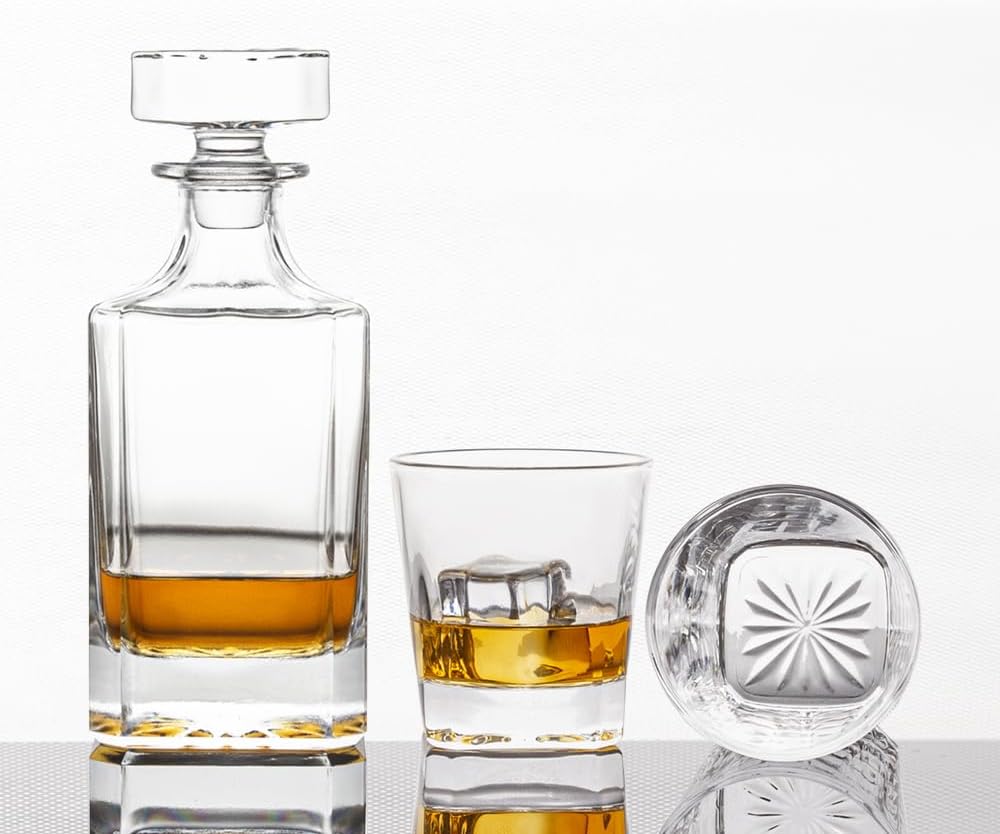 Square 25Oz Whiskey Liquor Decanter Set With 2 Glasses in Box,Decanter Set for Scotch Liquor,Whiskey Wine Decanter
