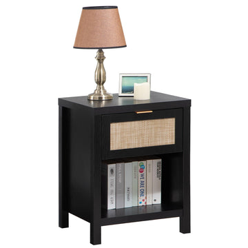 Black Rattan Nightstand Farmhouse Night Stands with Drawer