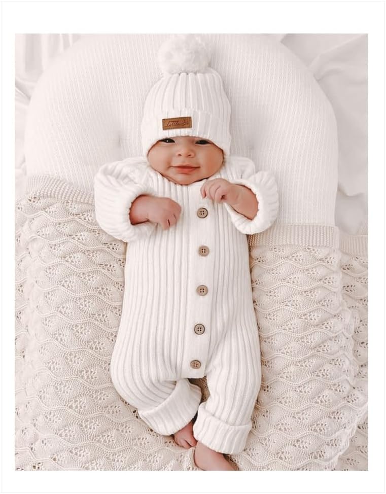 Newborn Baby Knit Sweater Romper Coverall Outfits One-Piece Jumpsuit Organic Cotton for Infant Baby Boys, Girls
