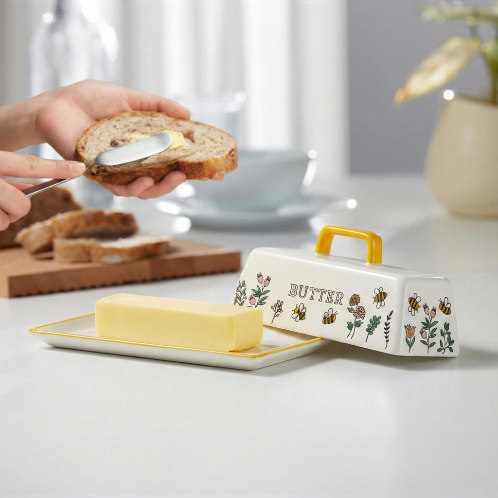 Ceramic Butter Dish with Lid, Countertop, Dishes, Tray, Meadow