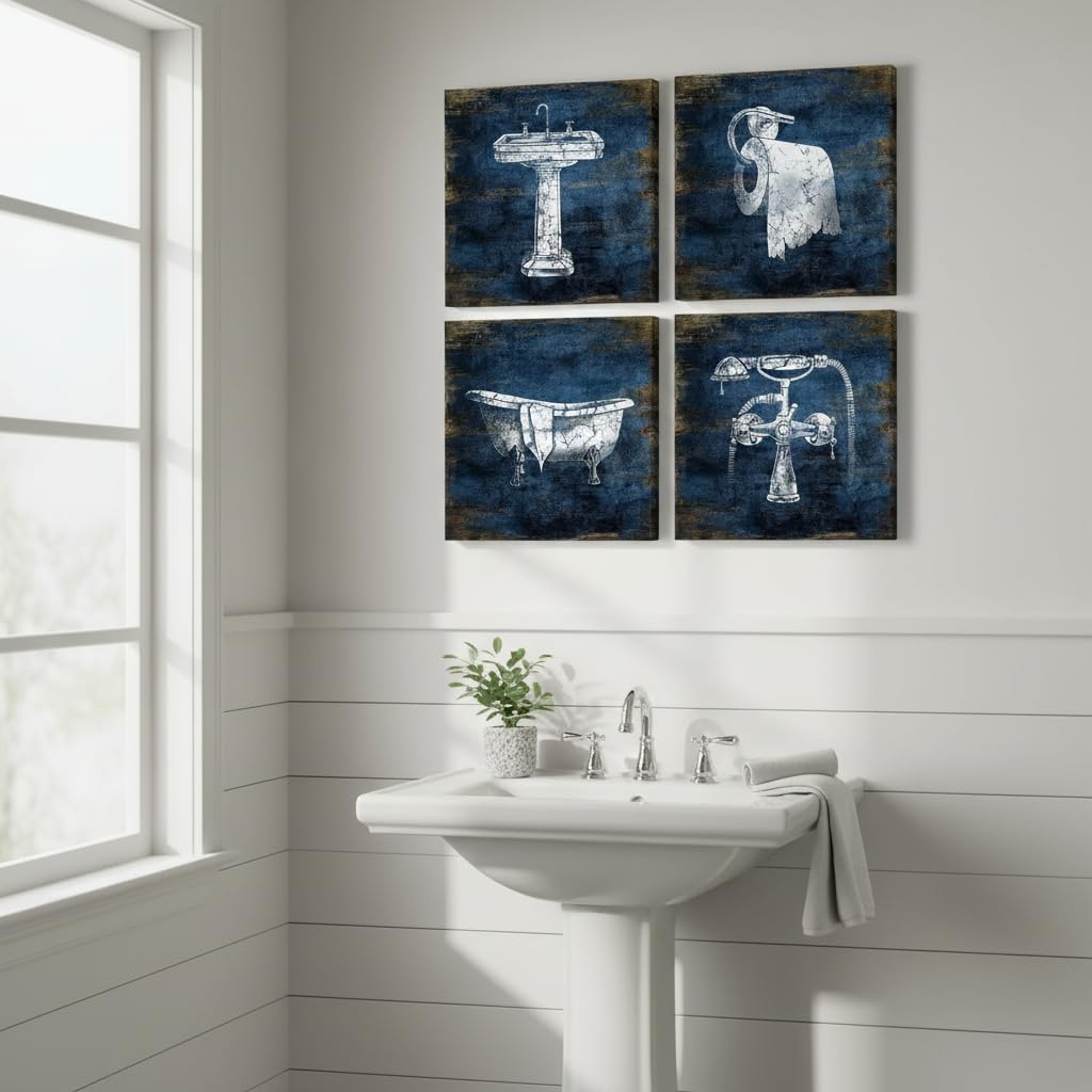 Blue Bathroom Decor Wall Art Framed Canvas Print Pictures 4 Pieces Abstract Pictures Modern Navy Framed Wall Decor