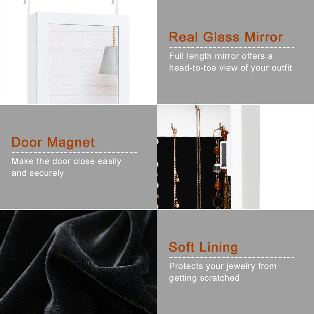 Jewelry Armoire Wall or Door Mounted, Full Length Mirror, White