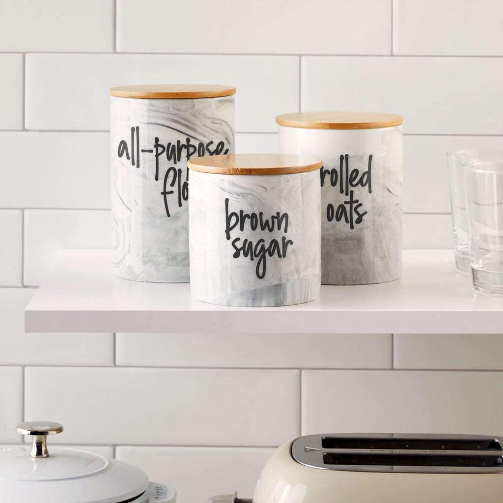 Ceramic Jar Set - Airtight Wood Lids Countertop Jars - White Marble Ceramic Food Storage Containers with Lids