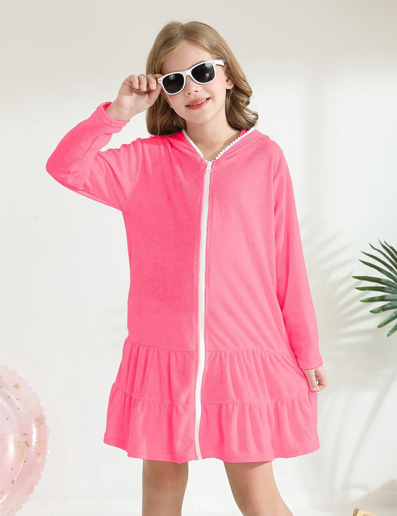 Girls Swim Cover Up Kids Long Sleeve Swimsuit Coverup Terry Beach Pool Clothes with Sunglasses