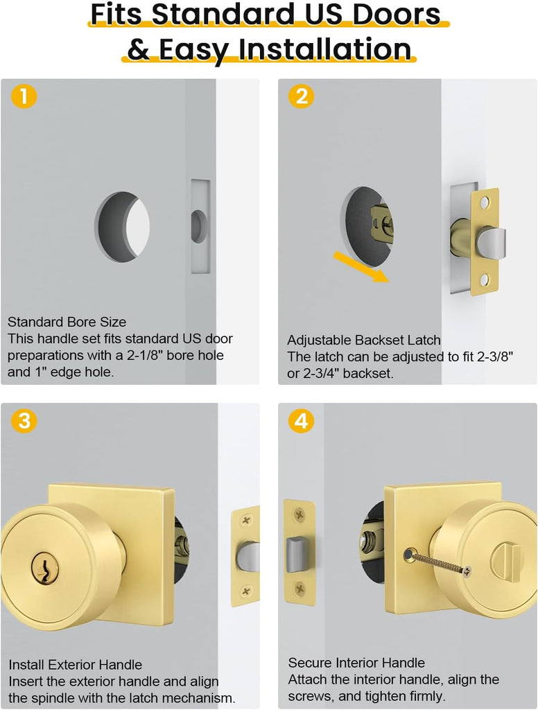 Gold Entry Door Knob with Lock and Key, Zinc Alloy 1 Pack