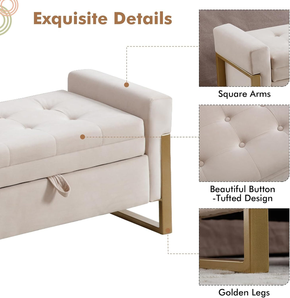 67" Storage Bench End of Bed, Velvet King Size Bed Bench with Double Lids and Gold Legs, Storage Ottoman Bench with