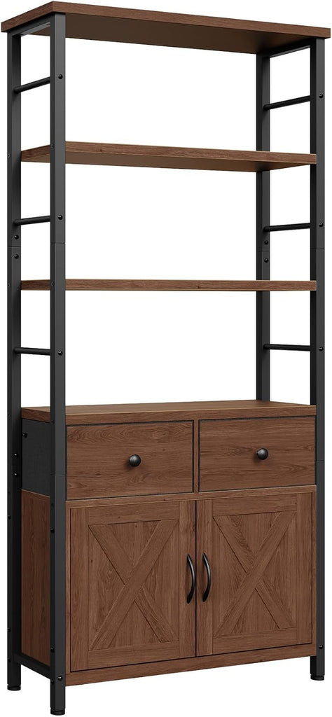 Bookshelf with Doors, Rustic Bookshelf with Drawers, Industrial Display Standing Shelf Units