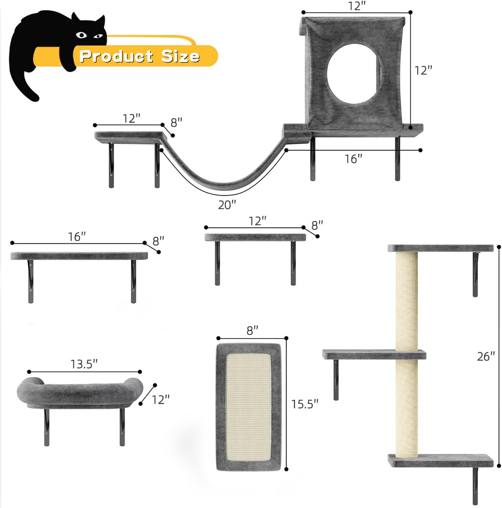 Cat Wall Shelves, 6 Pcs Luxury Wall-Mounted Cat Climber Set, Dark Gray