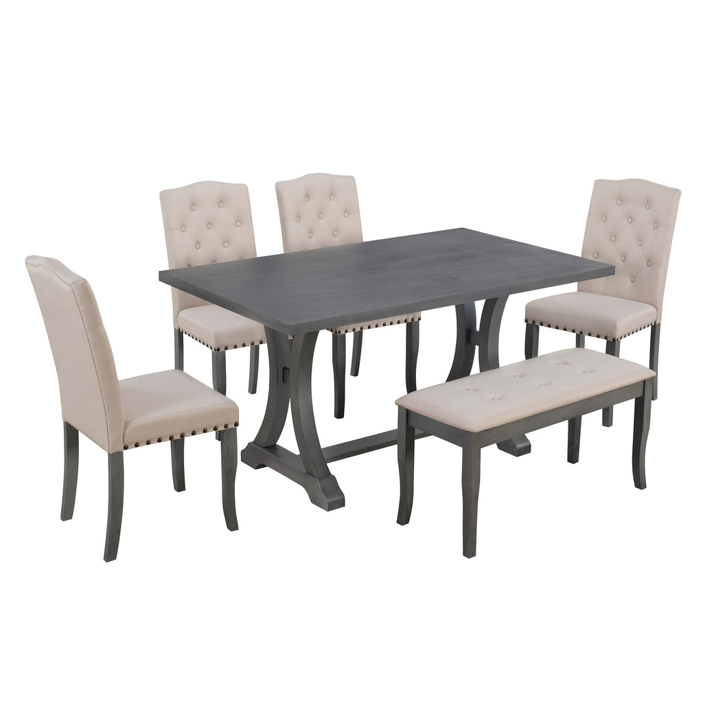 6-Piece Dining Table Set with Bench for 6 Rectangular Kitchen Table Set with 4 Chairs Retro Dining Room Table and