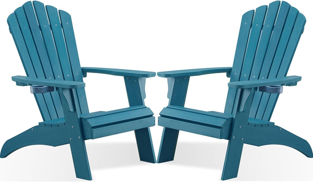Adirondack Chairs Set of 2 with Cup Holder, Blue | 350Lbs Support, All Weather Patio Chairs for Fire Pit Deck