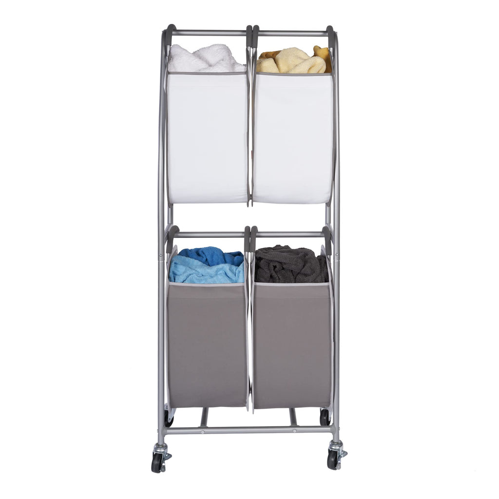 2 Tier Vertical Rolling Laundry Cart - Rolling Storage Cart On Wheels With 4 x Tote Hampers For Laundry, Towels