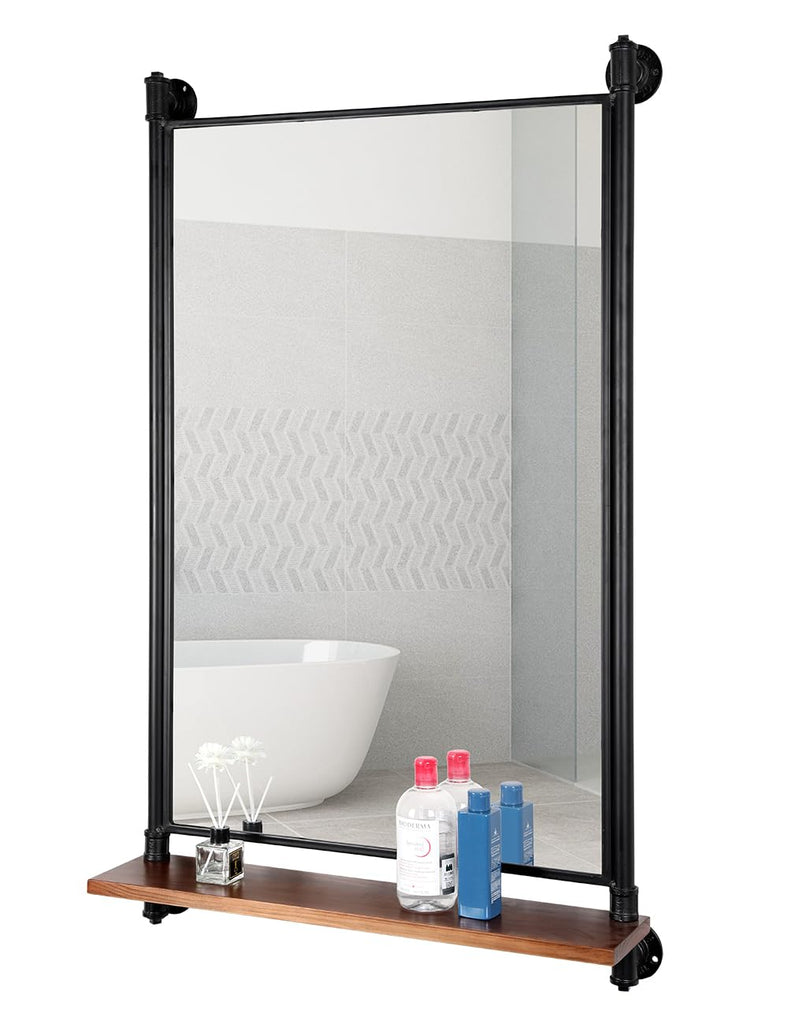 Industrial Pipe Wall Mirror with Shelf, Rustic Bathroom Mirror with Shelves