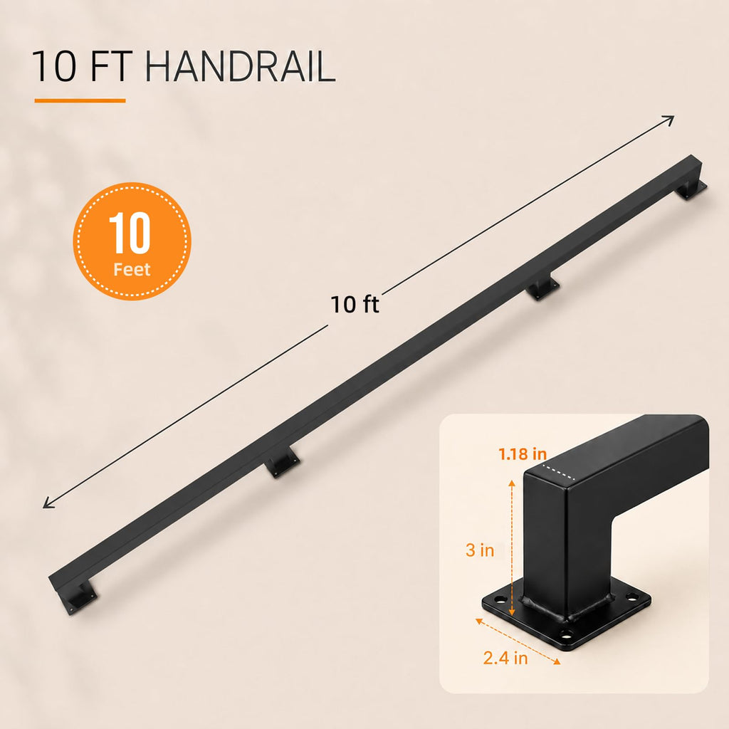 10FT Handrails for Stairs Indoor Outdoor, Step Railing Wall Mounted with Matte Black Finish, Industrial Pipe Hand
