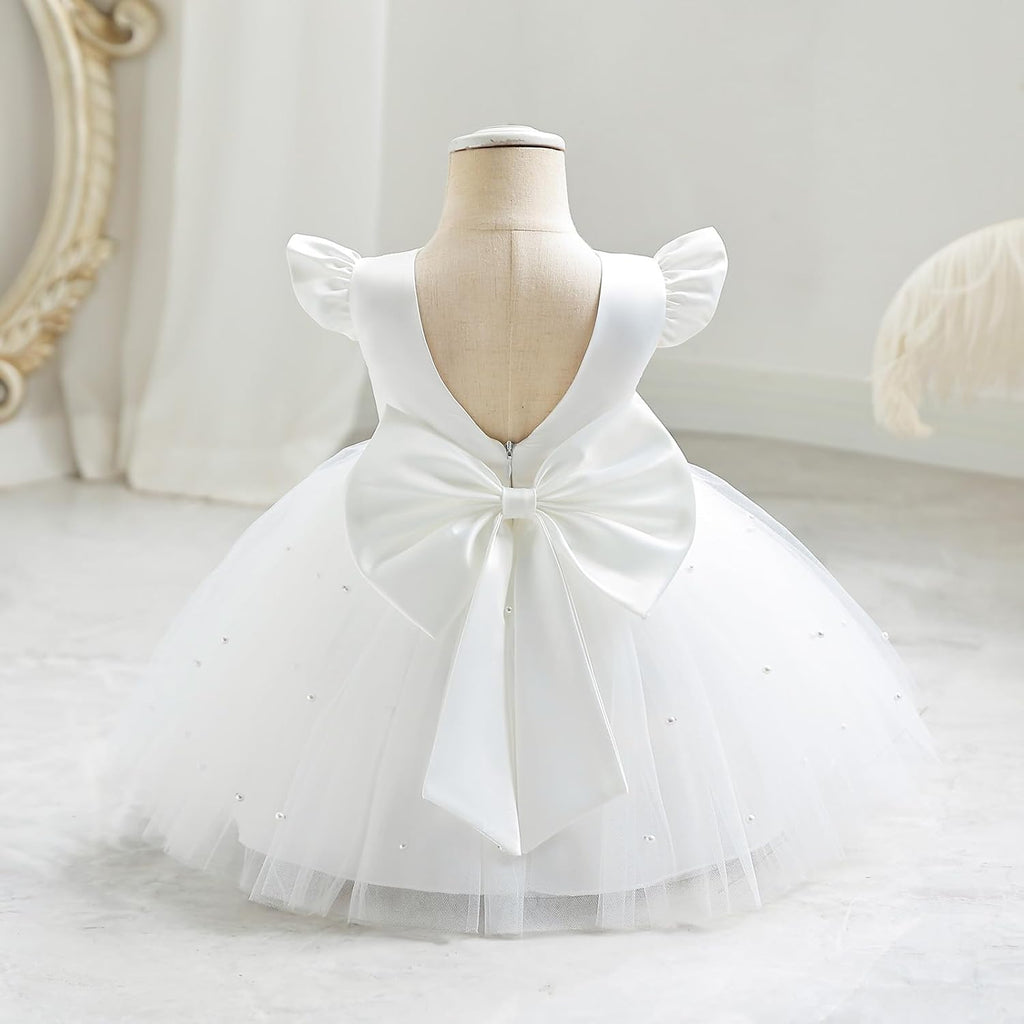 Infant Baby Girls Wedding Flower Girl Dress Pearls Tulle Tutu Dress Bowknot V Back Pageant Party Birthday Formal