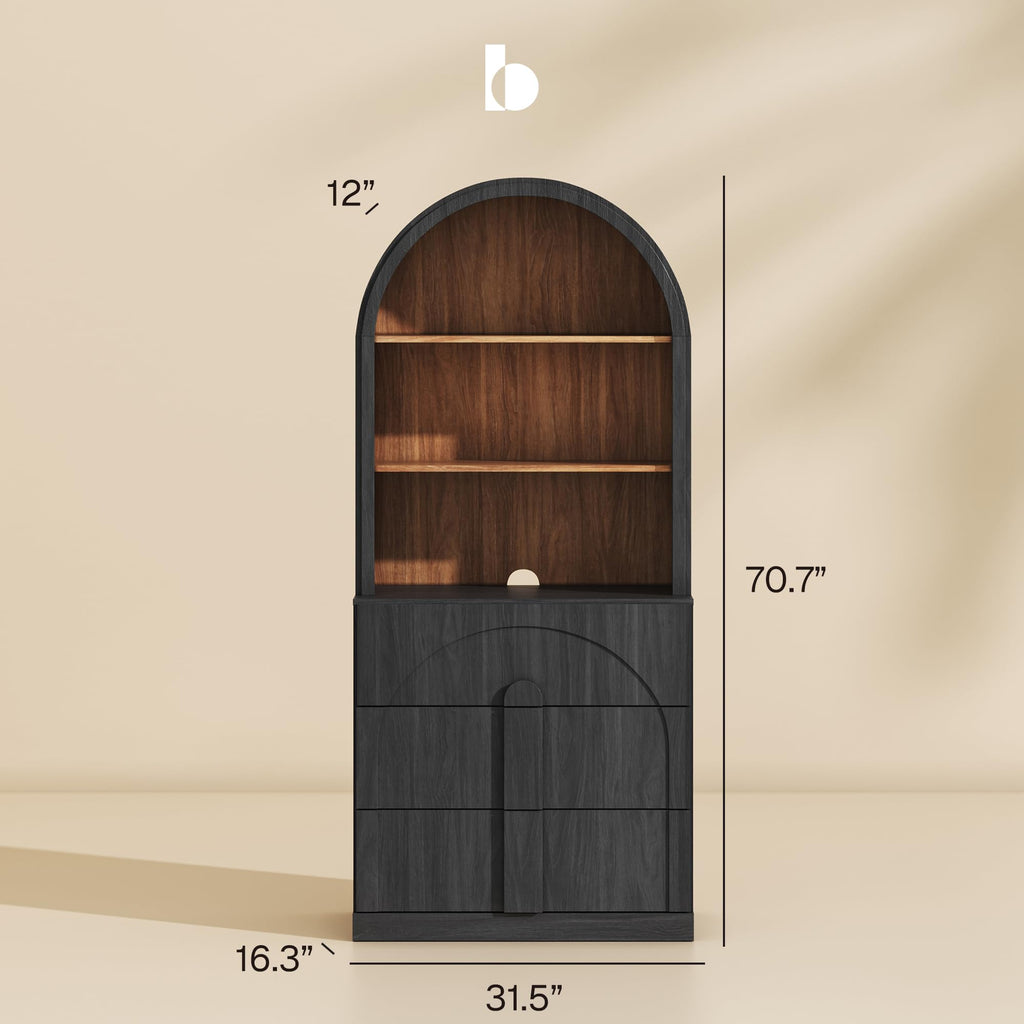 Arched Bookshelf with 3 Drawers Set of 2, 71" Tall Modern Wood Display Cabinet with Hutch, Modern Book Case Shelf
