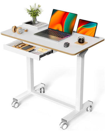 Mobile Standing Desk with Drawer, Height Adjustable, 35" White