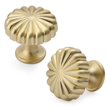 10 Pack 1.1" Fluted Round Cabinet Knobs Brushed Brass Handles