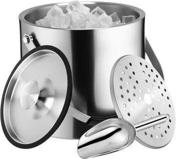 4 L Double Wall Insulated Ice Bucket with Lid, Scoop, Strainer, Handle Large Stainless Steel Wine Ice Bucket Upgraded