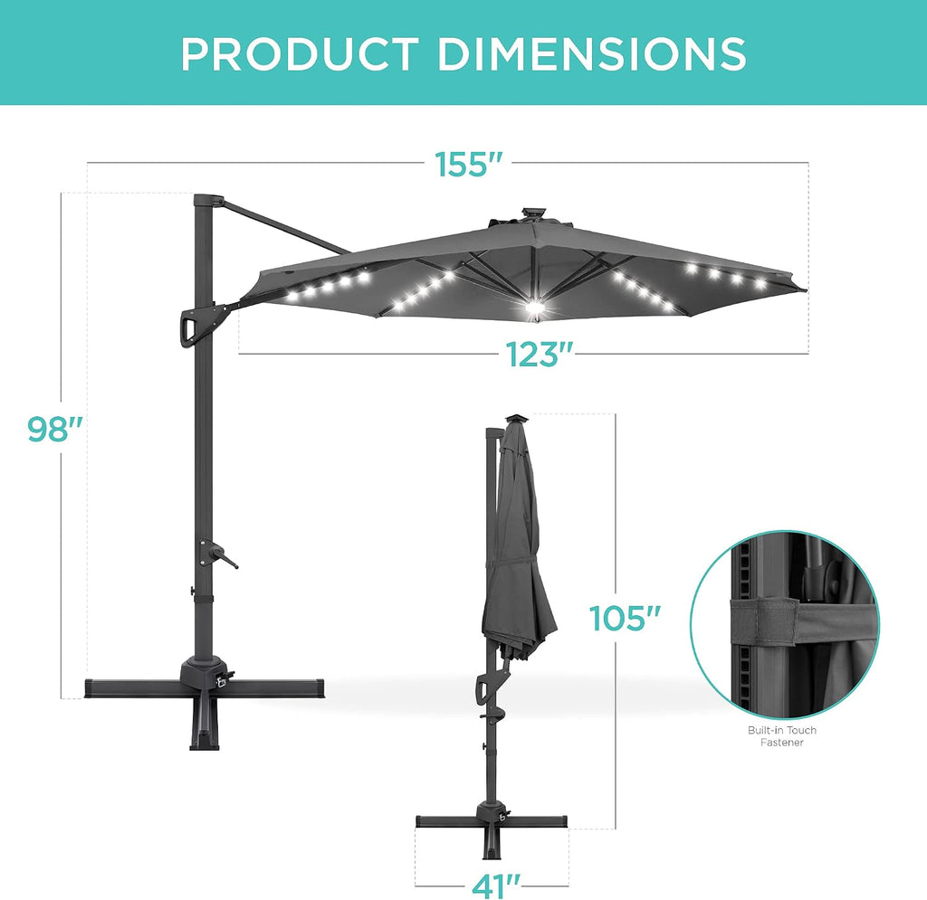 10ft Solar LED Cantilever Patio Umbrella, 360-Degree Rotation Hanging Offset Market Outdoor Sun Shade w/Lights - Gray