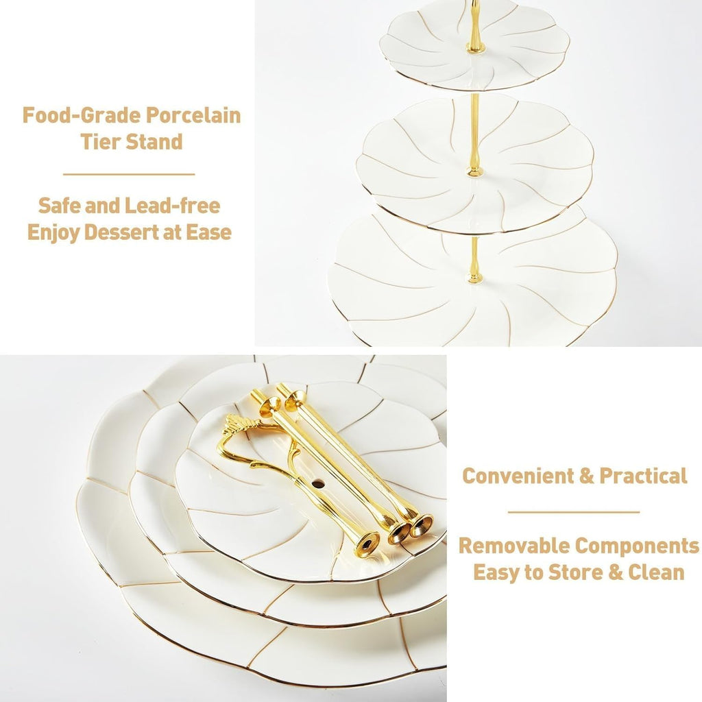 Luxury Larger 3-Tier Cupcake Stand Tower, British Style Porcelain Serving Tray with Golden Trim, Food Grade Dessert - Set of 3